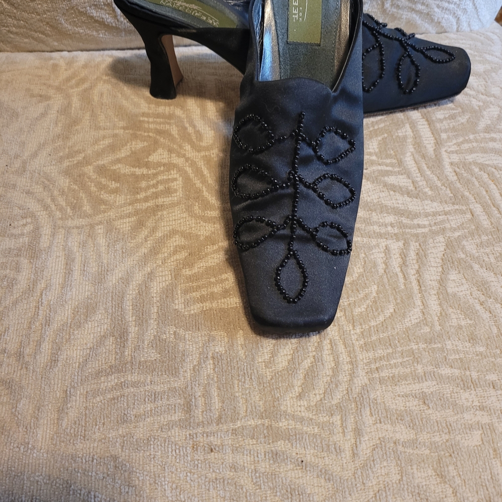 Naked Feet Black Beaded Satin Slip-On Mule Heels